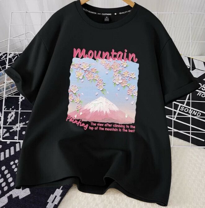 Casual loose short-sleeved T-shirt (black hilltop view S-2XL) (contact customer service to confirm the shipping size after placing an order)】