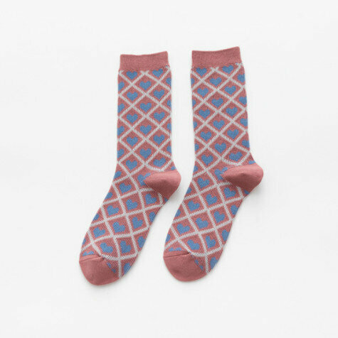 【3 pairs】Mid-rise socks autumn and winter retro rhombic British socks (pink heart rhombus)