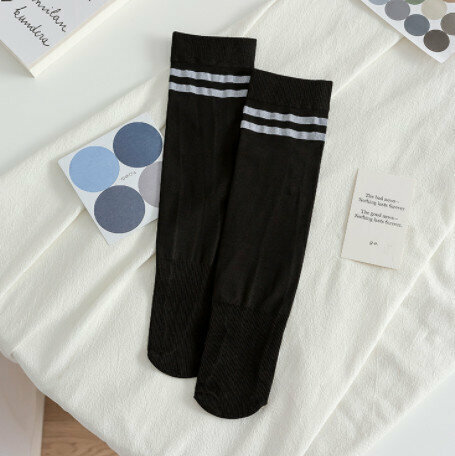【4 pairs】Summer women's velvet high socks (black stripes)