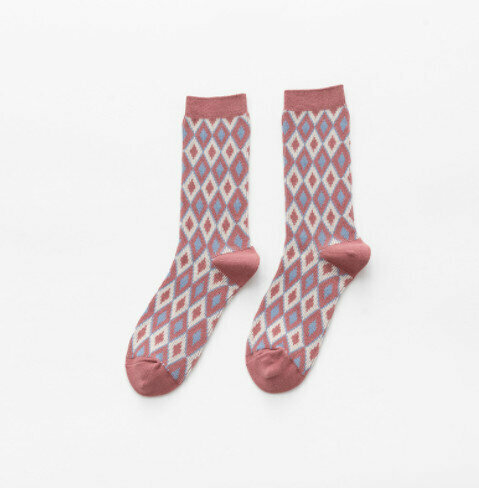 【3 pairs】Mid-rise socks autumn and winter retro diamond checkered British socks (pink small diamond)