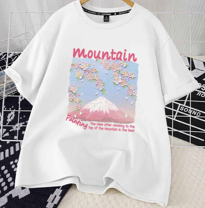 Casual loose short-sleeved T-shirt (white mountain top view S-2XL size) (contact customer service to confirm the shipping size after placing an order)】