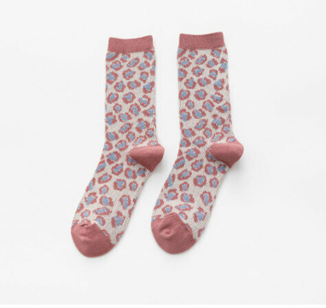 【3 pairs】Mid-rise socks autumn and winter retro rhombic British socks (pink leopard print)