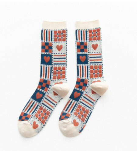 【3 pairs】Mid-rise socks autumn and winter retro rhombic British socks (blue playing cards)