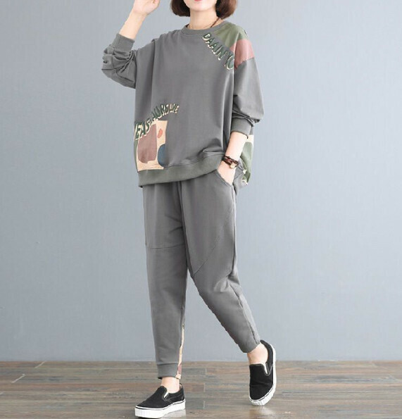 Fashionable loose long-sleeved two-piece set [gray] (size: L-5XL) (contact customer service to confirm the shipping size after placing an order)