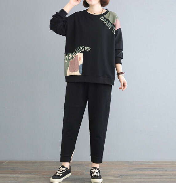 Fashionable loose long sleeve two-piece set [black] (size: L-5XL) (contact customer service to confirm the shipping size after placing an order)