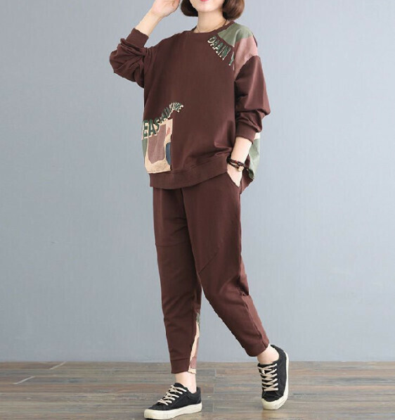 Fashionable loose long sleeve two-piece set [coffee] (size: L-5XL) (contact customer service to confirm the shipping size after placing an order)