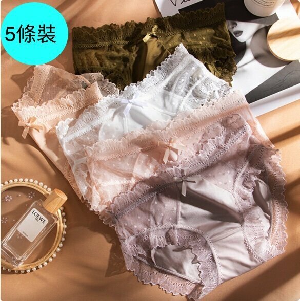 【5 Pack】Cotton Crotch Mid-rise Thin Lace Briefs (M-XL Size) [Color Random, Contact Customer Service to Confirm Shipping Size after Placing an Order]