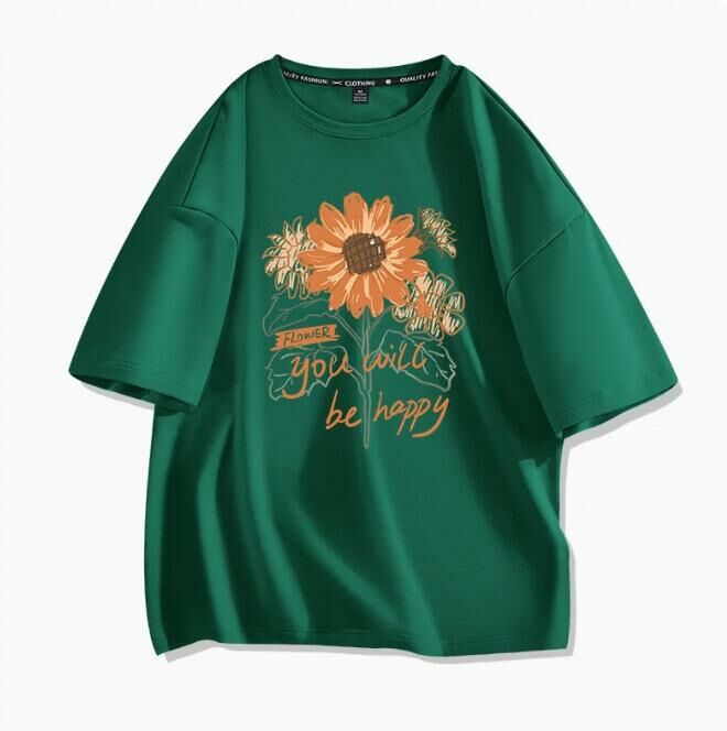 Casual loose short-sleeved T-shirt (dark green sunflower S-2XL size) (contact customer service to confirm the shipping size after placing an order)】