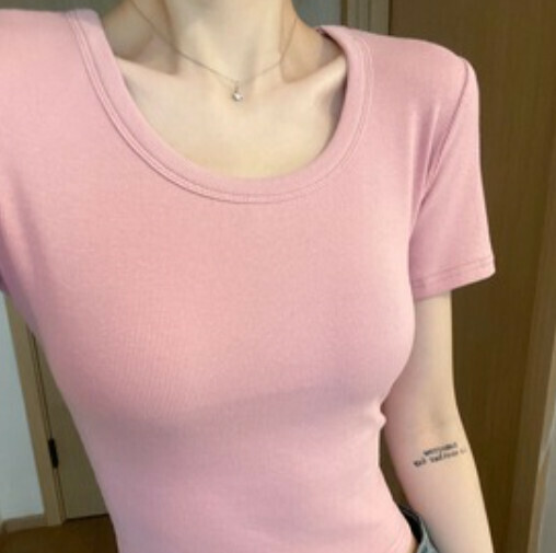 Square Neck Solid Color T-Shirt (Pink One-size)】