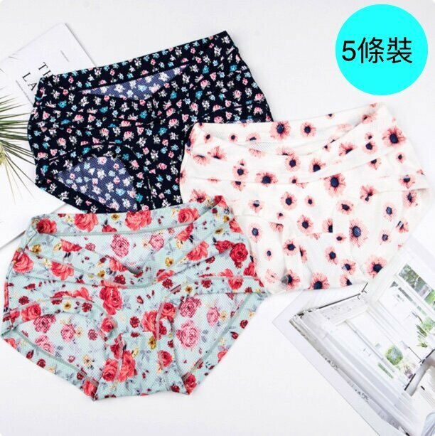 【5 Packs】Ice Silk Print Medium and Low Waist Briefs (One Size)【Color Random】