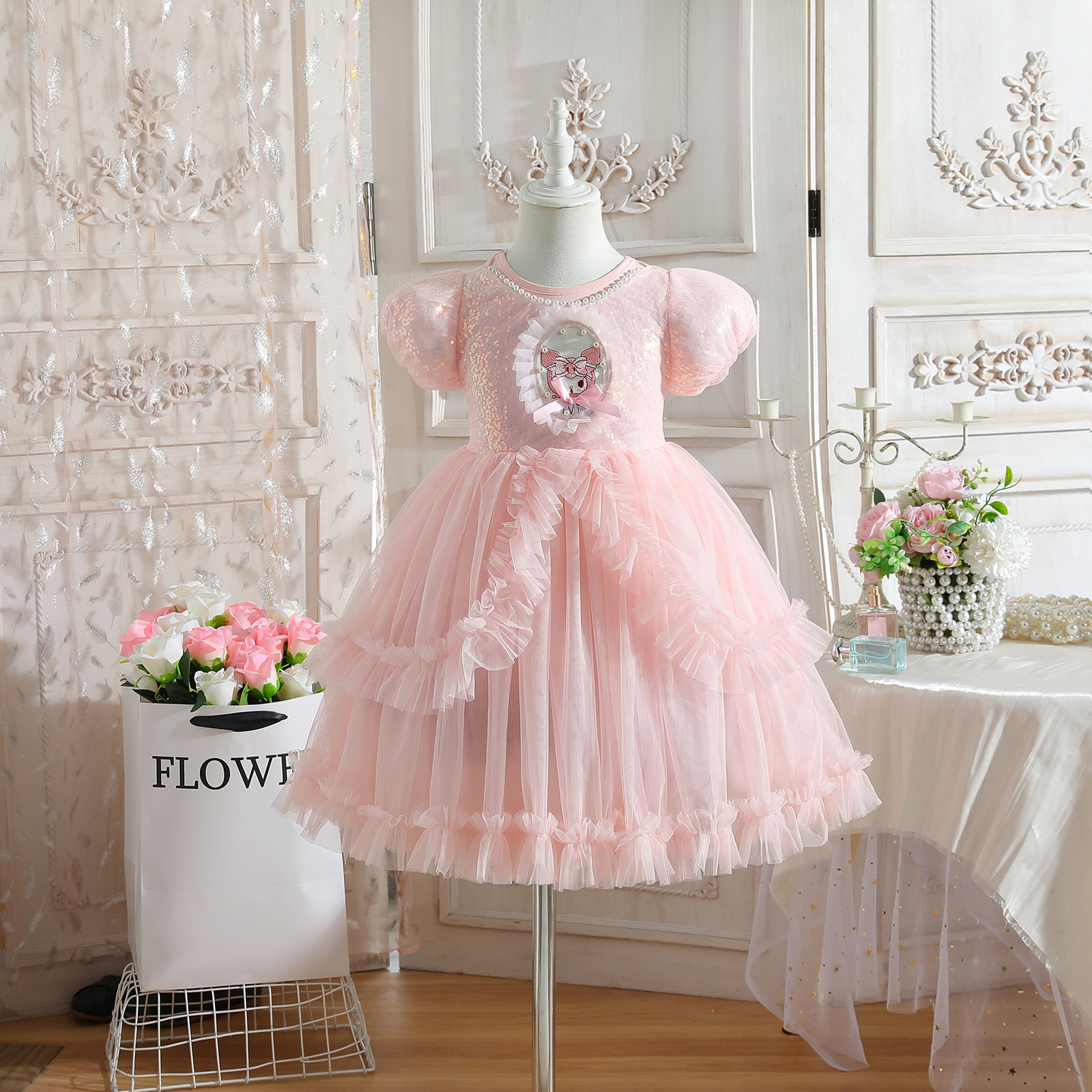 亮片珠珠拼接紗裙洋裝 2色 90-140cm