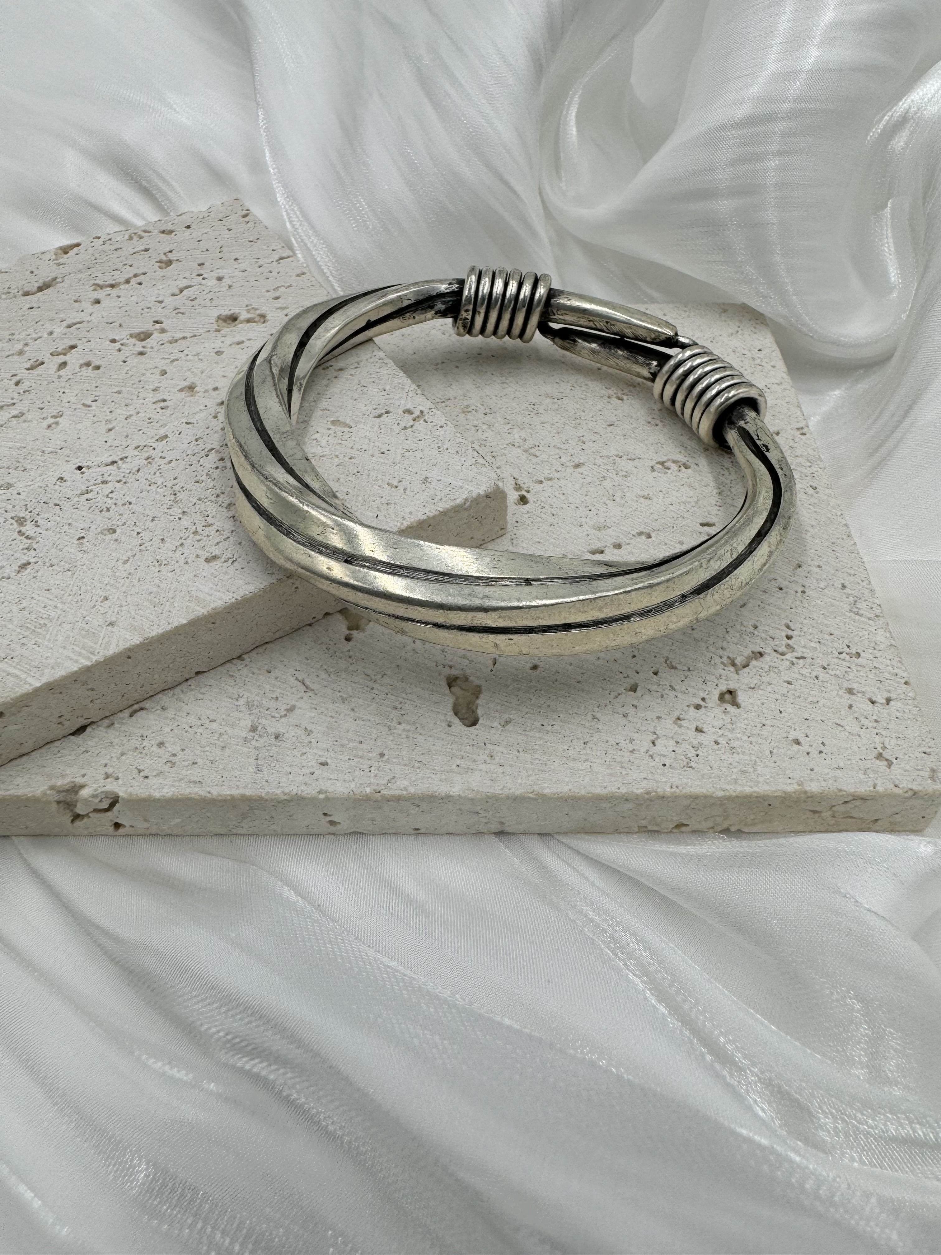 No.18(只)-手工素面雙層旋轉銀手鐲6.5cm