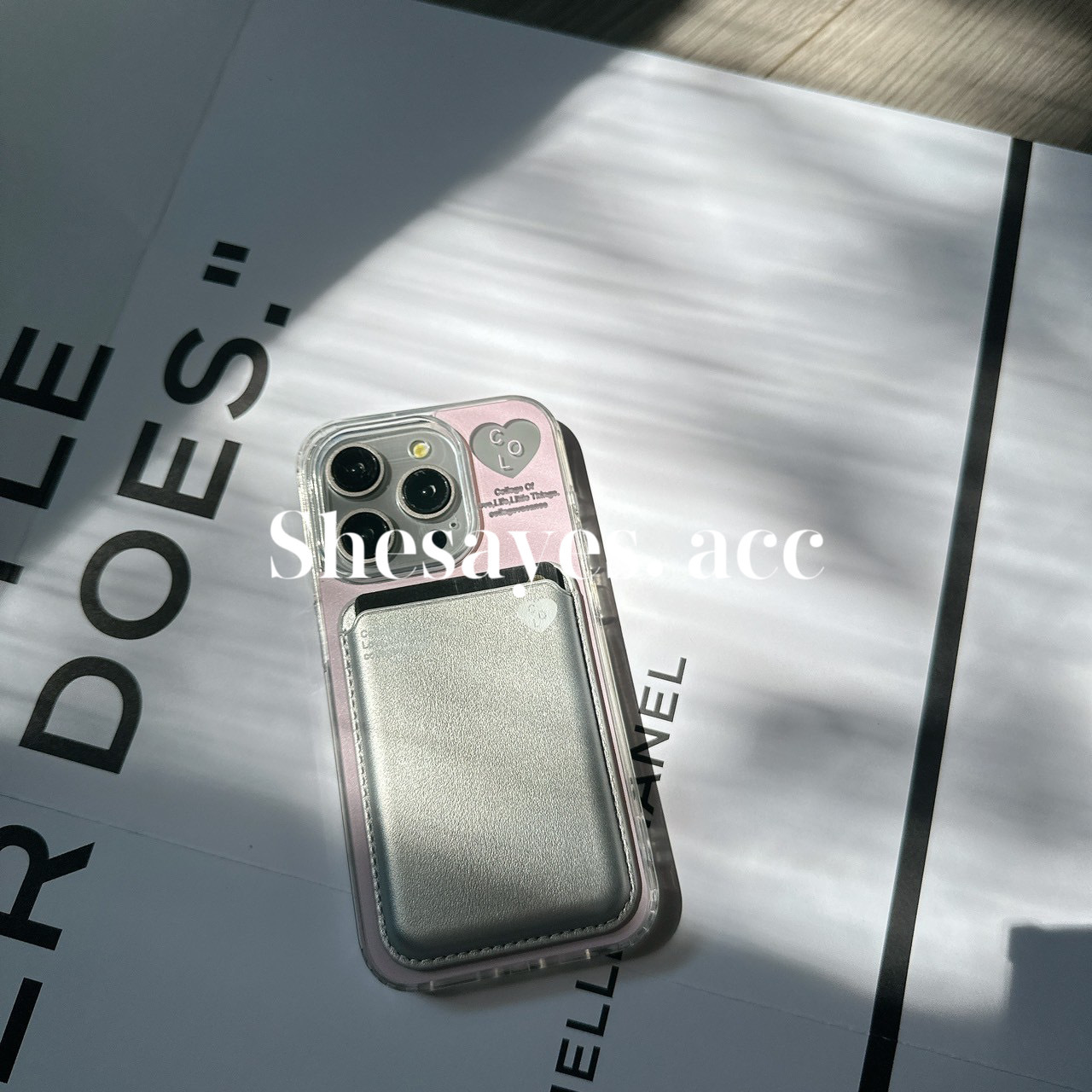 IPHONE MagSafe 粉色愛心＋銀色愛心磁吸卡包手機殼