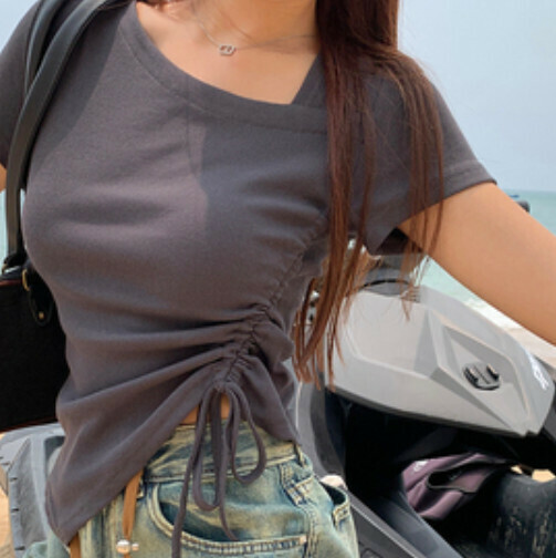 Irregular drawstring T-shirt (gray one-size-fits-all)】