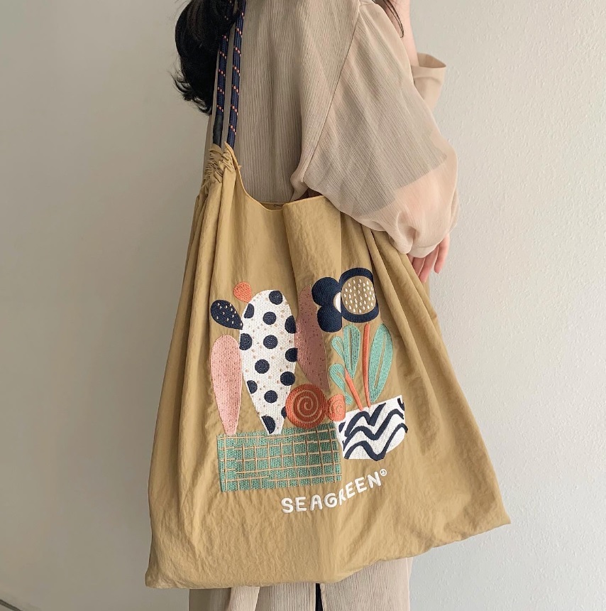 Ball＆Chain 刺繡環保購物袋 L號 - 淺卡其(LSE21S0203-X)