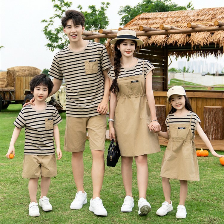 少量現貨 親子裝 卡其條紋工裝風 上衣 / 短褲 / 假兩件洋裝*