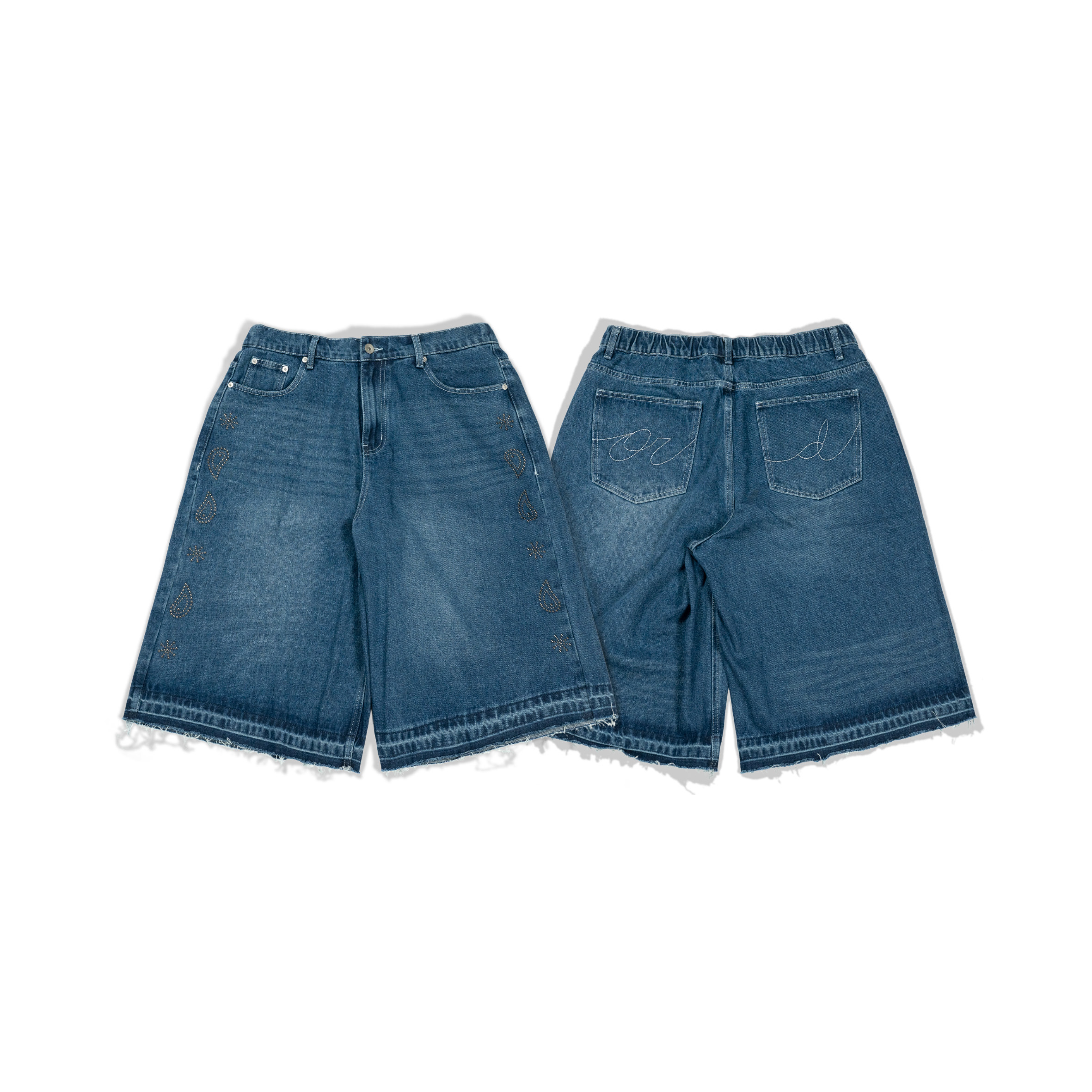 ORDINARY 水洗不修邊變形蟲卯釘8分牛仔短褲