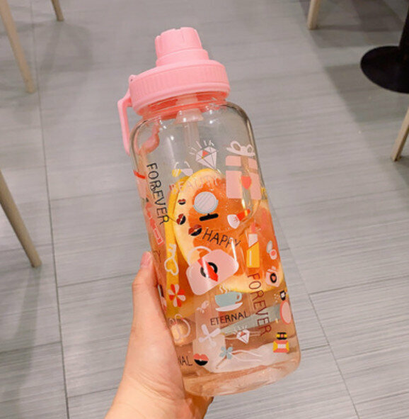 Hot push large capacity water cup [pink 1000ml with straw]