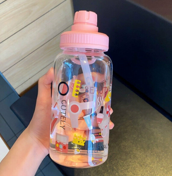 Hot push large capacity water cup [pink 600ml with straw]