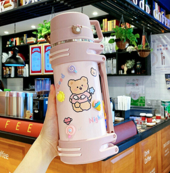 Hot push thermos cup [pink 1200ml + random large sticker + 3D sticker]