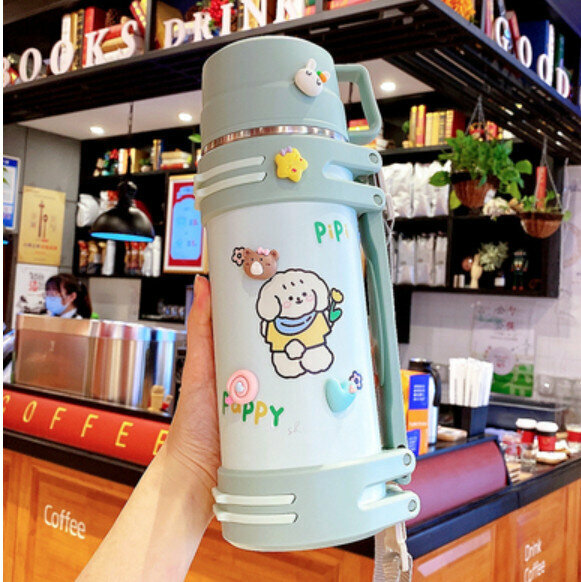 Hot push thermos cup [green 1200ml + random large sticker + 3D sticker]