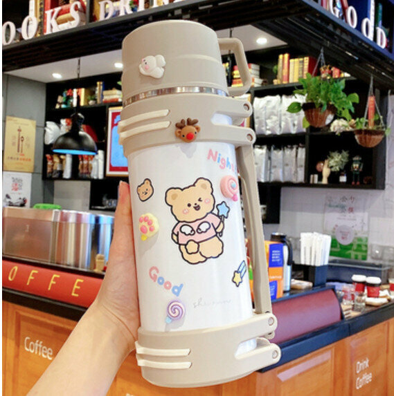 Hot push thermos cup [white 1200ml + random large sticker + 3D sticker]