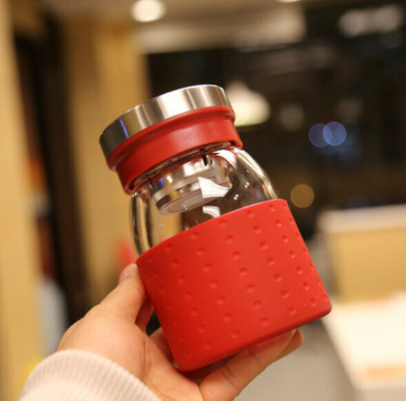 熱推泡茶水杯【紅色350ml 商務玻璃杯】
