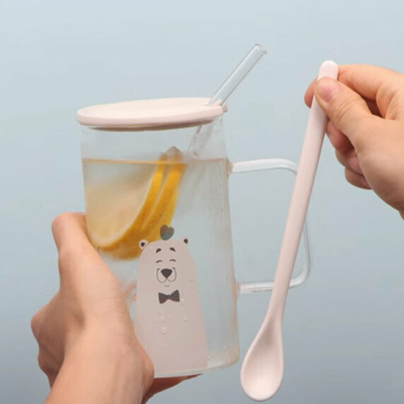 熱推玻璃杯 愛心熊【帶瓷蓋+勺+吸管+杯墊】