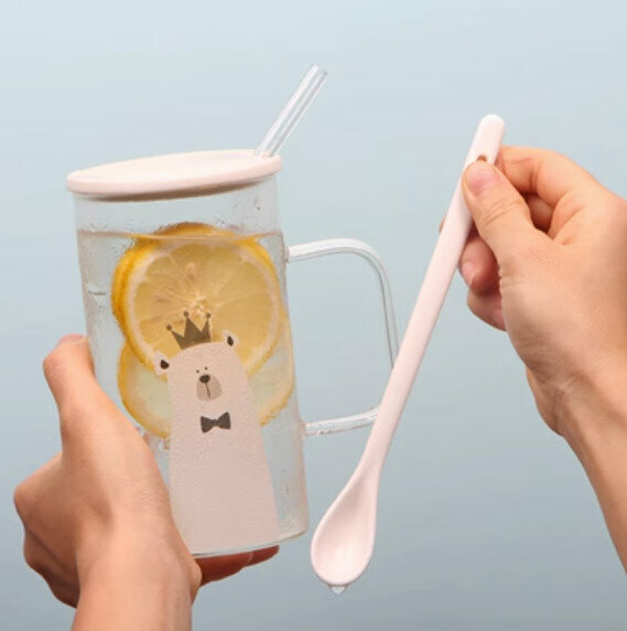 熱推玻璃杯 皇冠熊【帶瓷蓋+勺+吸管+杯墊】