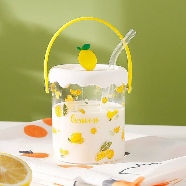 Hot push glass water cup with straw (401-500ML) (lemon)