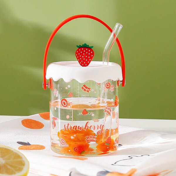Hot push glass water cup with straw (401-500ML) (strawberry)