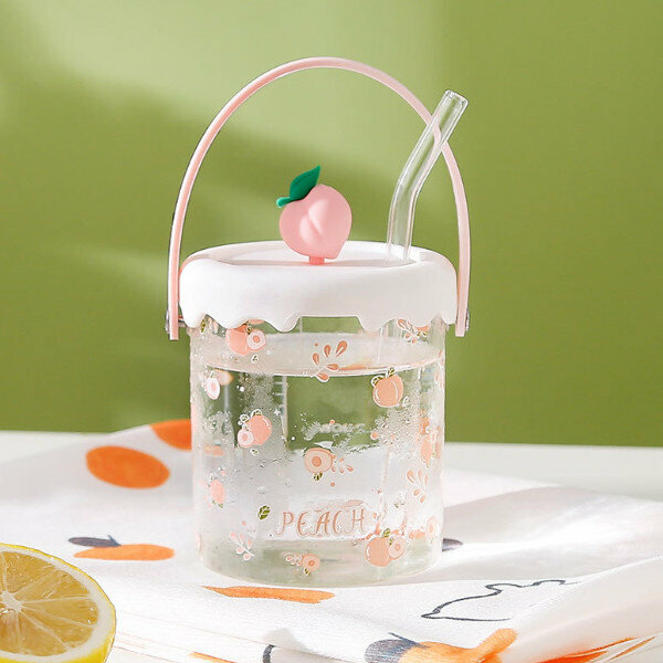 Hot push glass water cup with straw (401-500ML) (Peach)