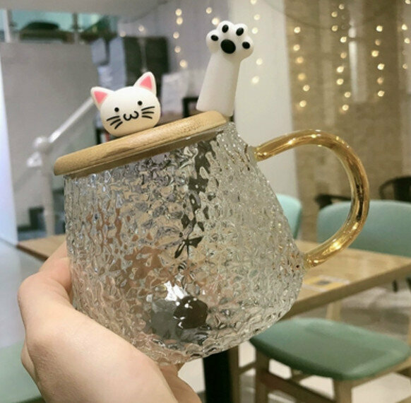 熱推耐熱玻璃水杯 大肚款【兔子蓋+貓爪勺】【容量： 401mL】
