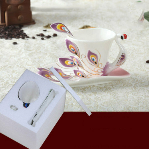 熱推咖啡杯（紫色小孔雀 1杯1碟1勺）