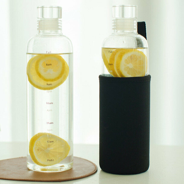 Hot Recommendation [One Pack] Transparent Glass Portable Water Cup with Scale [750ml Cup + Cup Sleeve]