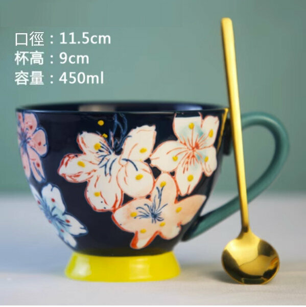 熱推家用水杯（美麗心情--藍底花+勺）（450毫升）
