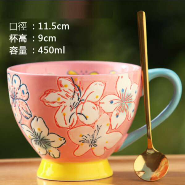 熱推家用水杯（美麗心情--粉底花+勺）（450毫升）