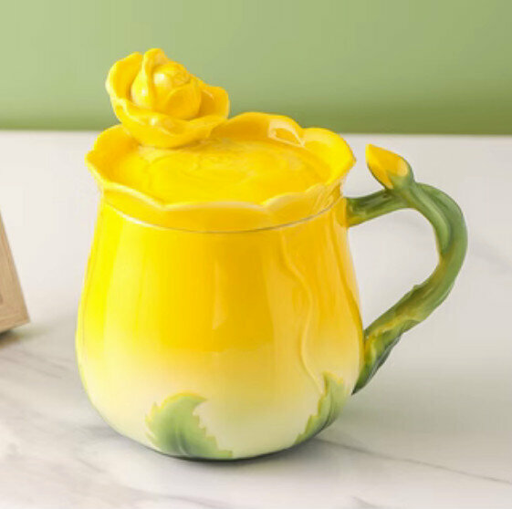 Hot push coffee cup (yellow-lid with flower)