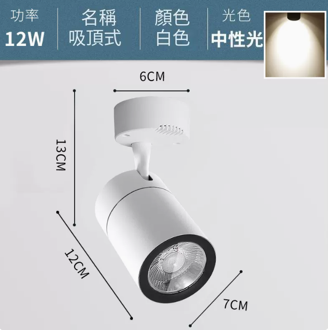 爆款COB吸頂式軌道燈（12W/白殼/中性光）