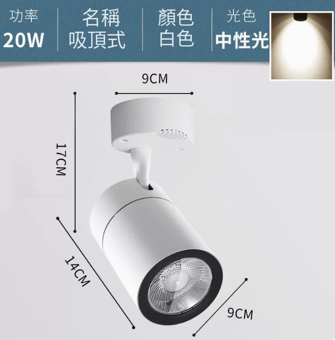 爆款COB吸頂式軌道燈（20W/白殼/中性光）