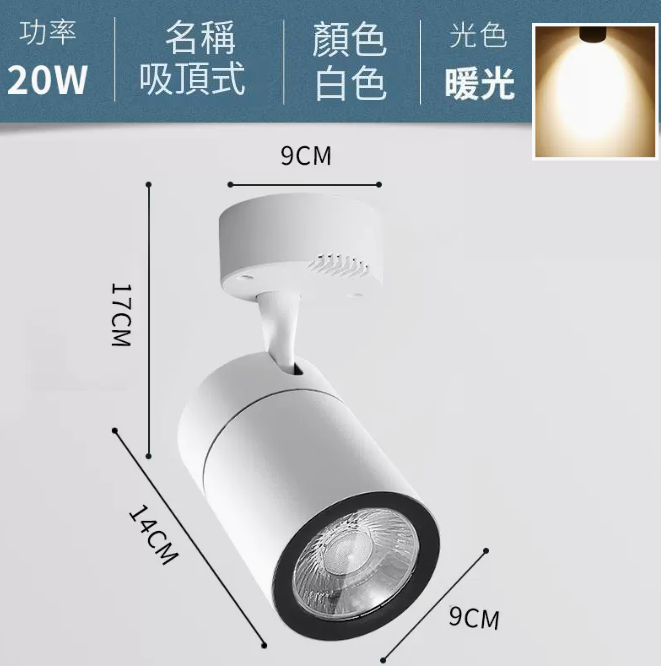 爆款COB吸頂式軌道燈（20W/白殼/暖黃光）