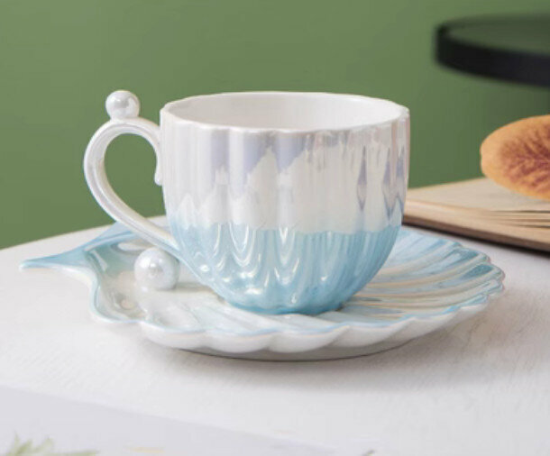 Popular coffee cup (gradient pearl blue, 1 cup, 1 saucer, 1 scoop)
