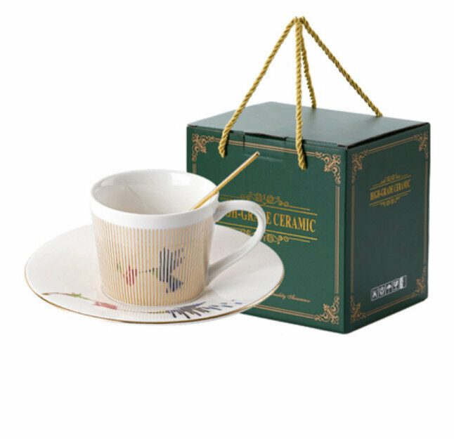 Popular coffee cup (colorful hummingbird with gold cup, 1 cup, 1 saucer, 1 spoon)