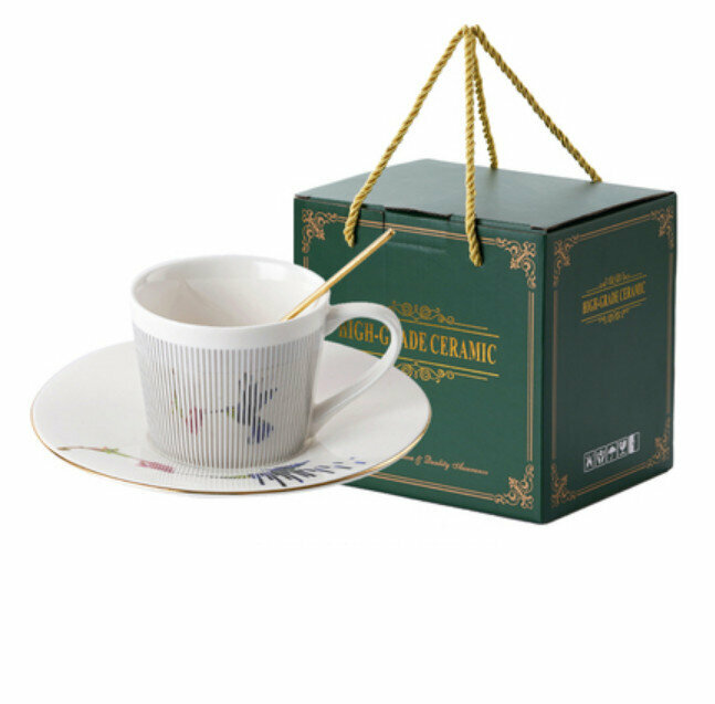 Popular coffee cup (colorful hummingbird with silver cup, 1 cup, 1 saucer, 1 scoop)