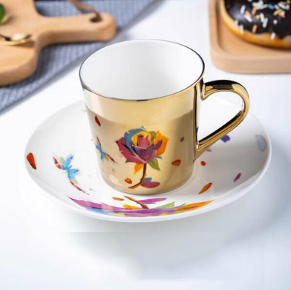 爆款咖啡杯（D-七彩玫瑰-金色-1杯1碟）