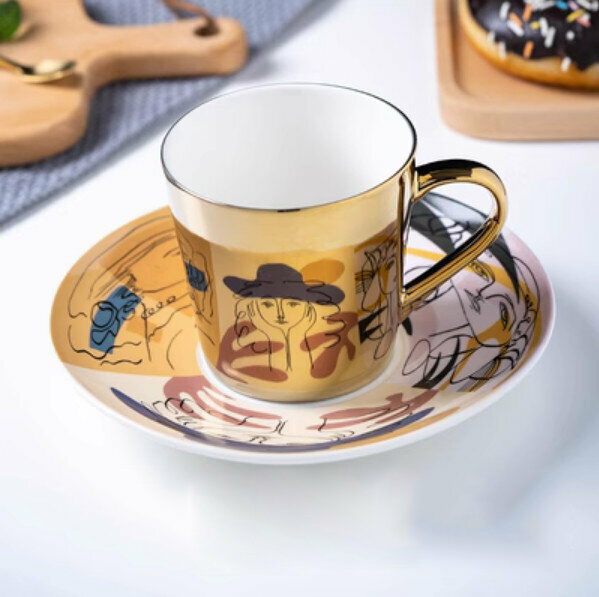 爆款咖啡杯（F-抽象線條-金色-1杯1碟）