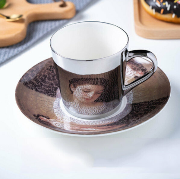 爆款咖啡杯（C-盤發美女-銀色-1杯1碟）