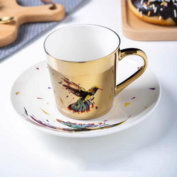 爆款咖啡杯（E-七彩蜂鳥-金色-1杯1碟）