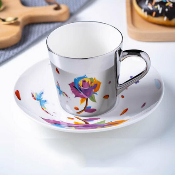 爆款咖啡杯（D-七彩玫瑰-銀色-1杯1碟）