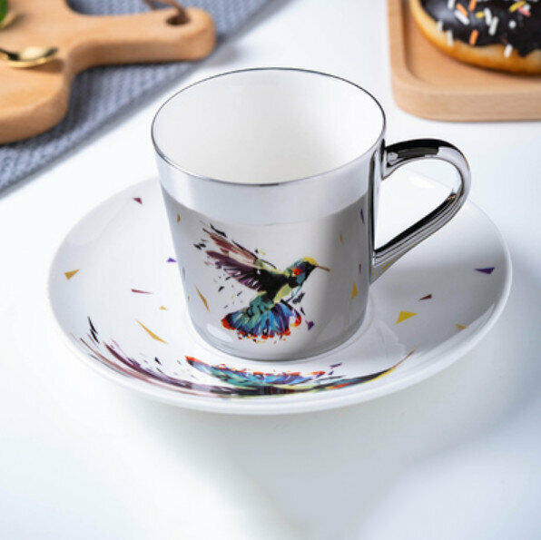 爆款咖啡杯（E-七彩蜂鳥-銀色-1杯1碟）